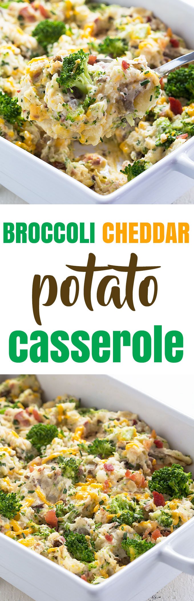 A two image vertical collage of broccoli cheddar potato casserole with overlay text.