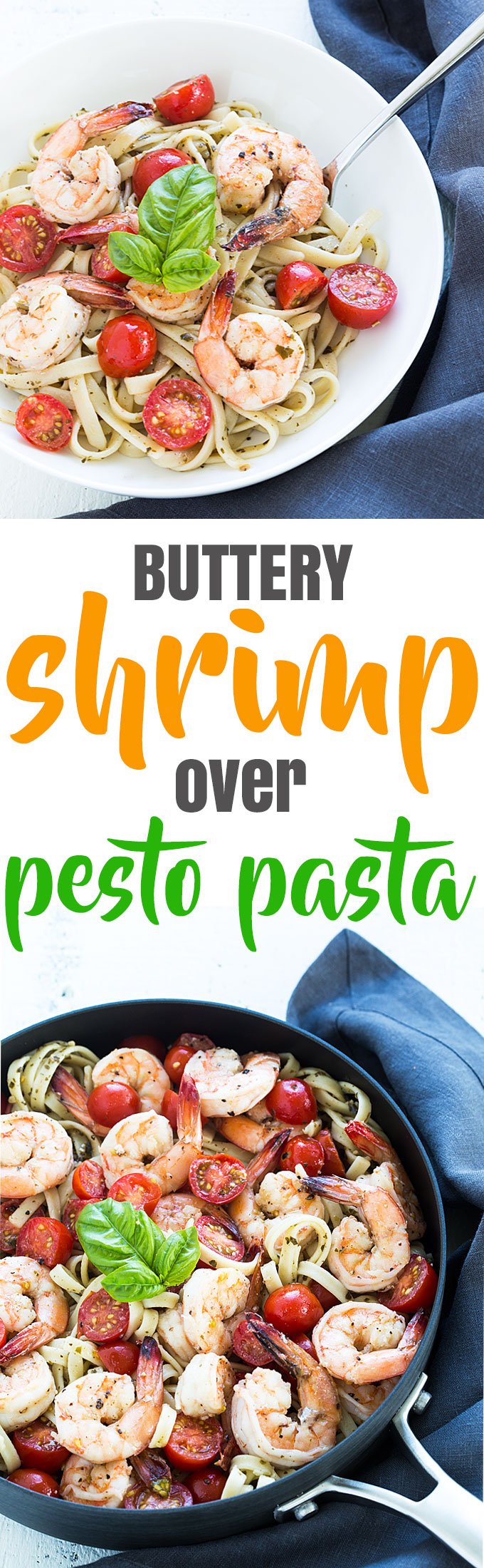 A two image vertical collage of buttery shrimp over pesto pasta with overlay text.