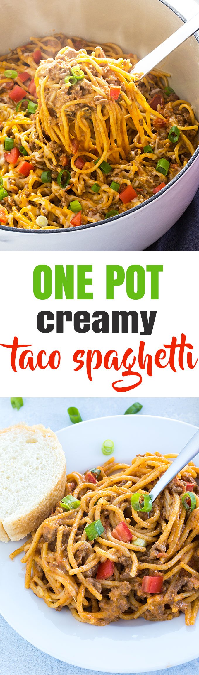 A two image vertical collage of one pot creamy taco spaghetti with overlay text in the center.