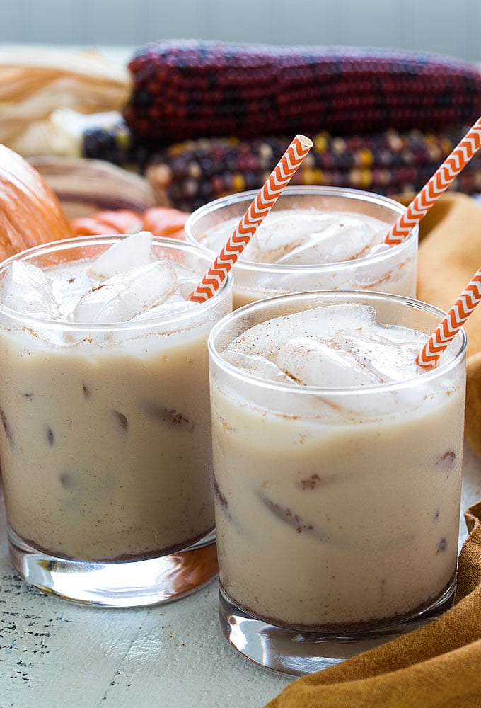 Front view of three pumpkin spice white russians.