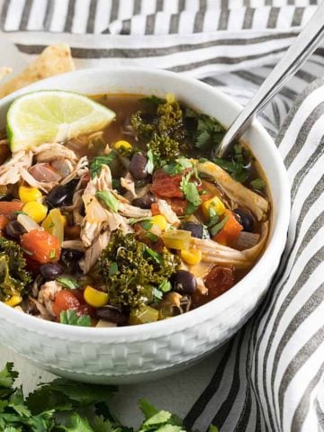 Chicken and black bean soup with vegetables in a white bowl.
