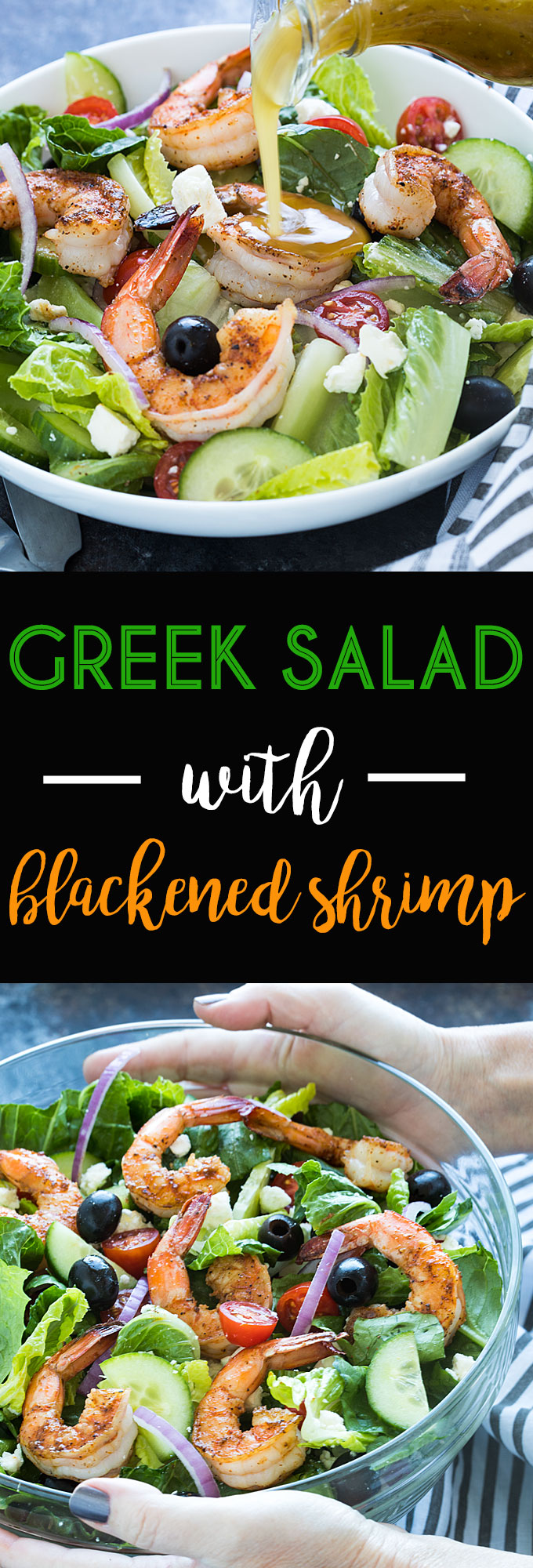 A two image vertical collage of Greek salad with shrimp with overlay text in the center.