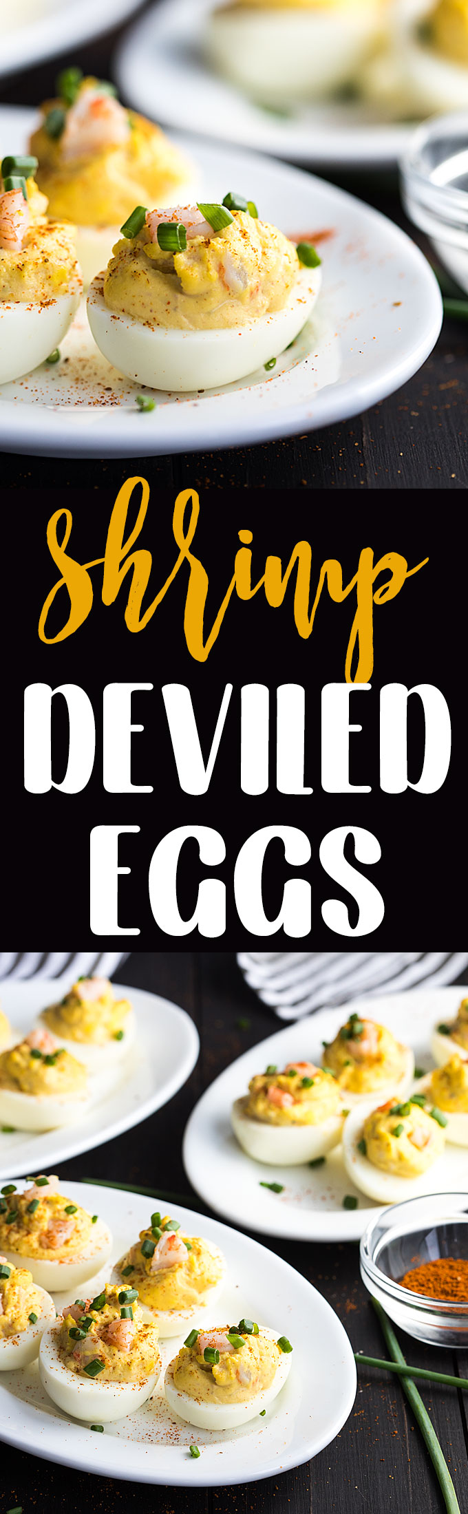 A two image vertical collage of shrimp deviled eggs with overlay text in the center.