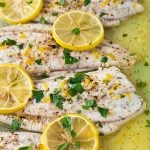 Closeup of baked flounder fillets with lemon slices in a butter sauce.