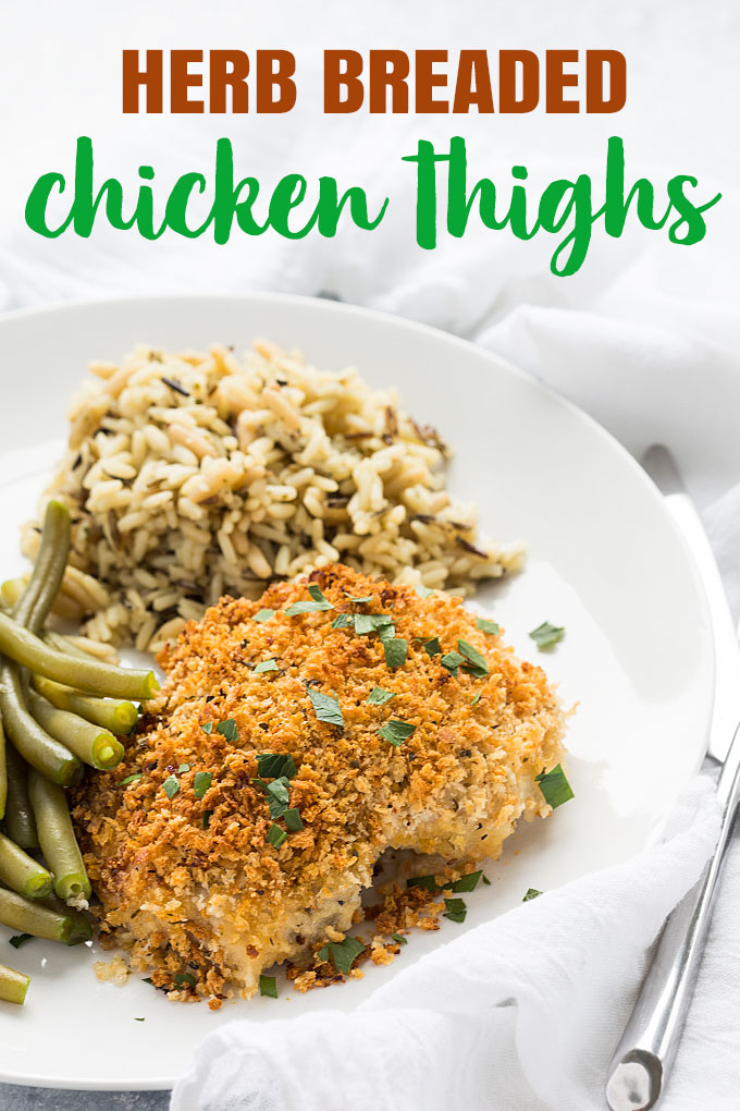 A breaded chicken thigh, rice and green beans on a white plate with overlay text.