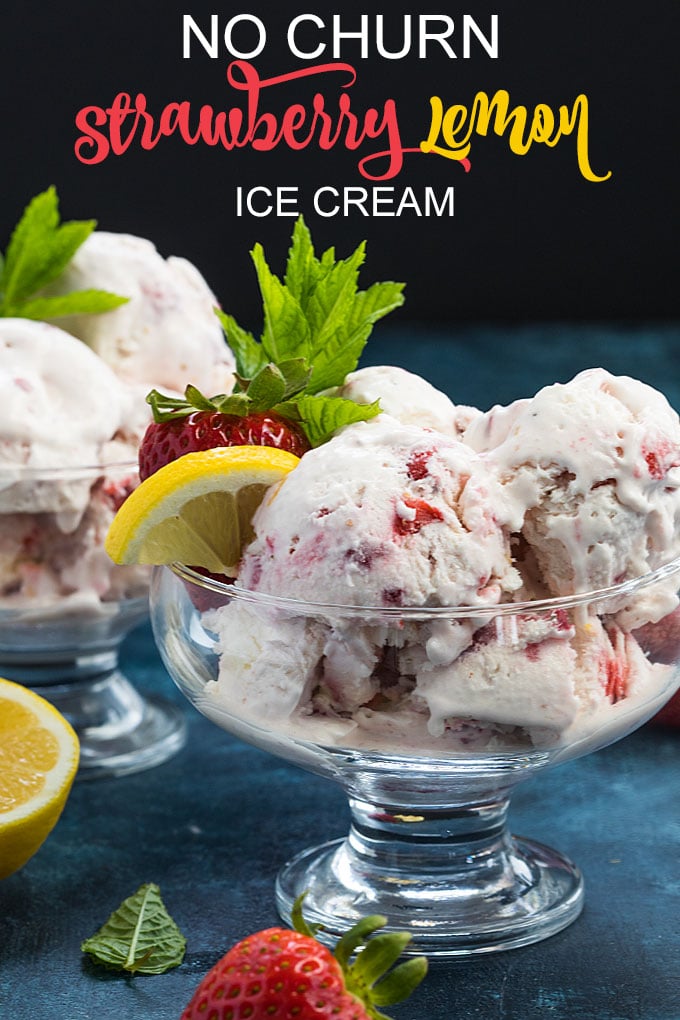 Front view of two bowls of no churn ice cream.  Overlay text at top of image.
