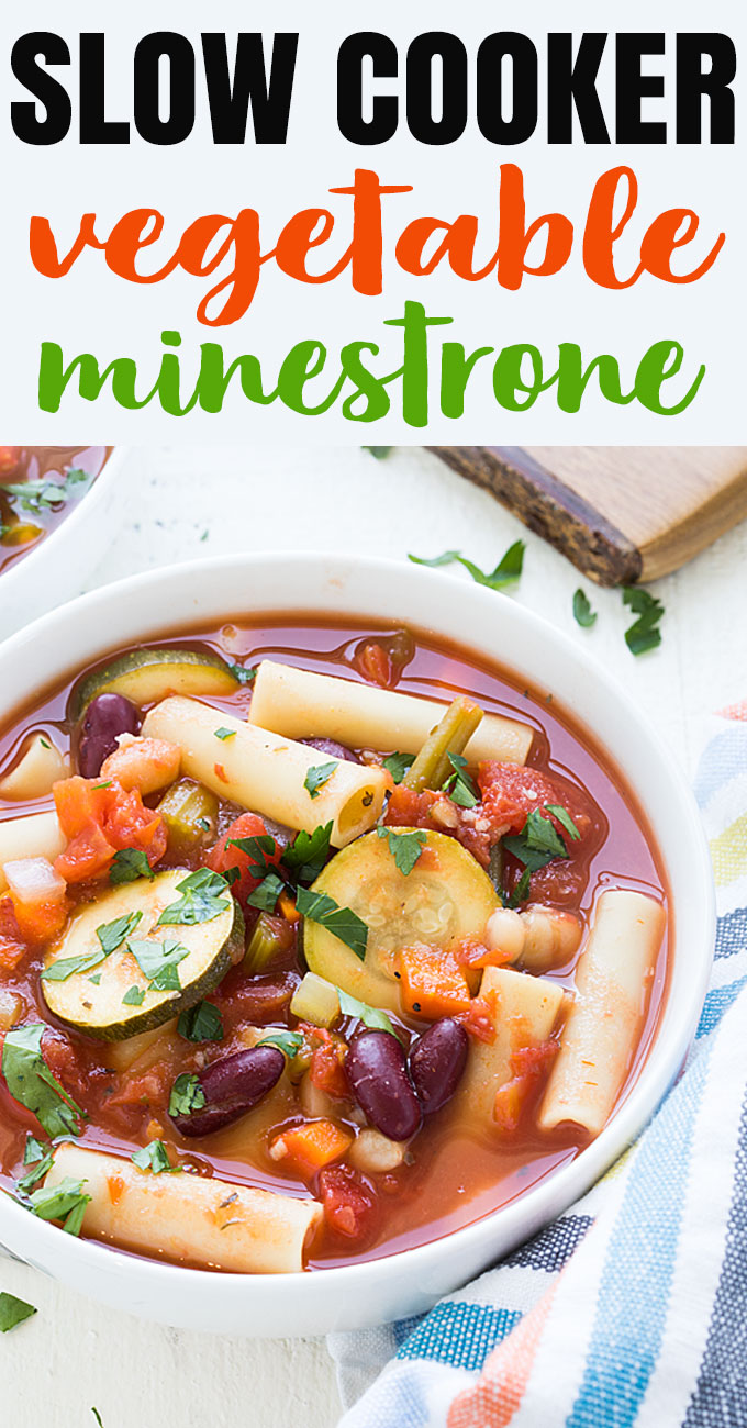 Overhead closeup of vegetable minestrone in a white bowl.  Overlay text at top of image.