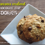 Overhead view of a chocolate chip cookie on a square white plate with overlay text.