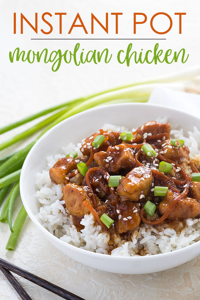 Closeup view of Mongolian chicken over rice in a bowl.  Overlay text at top of image.