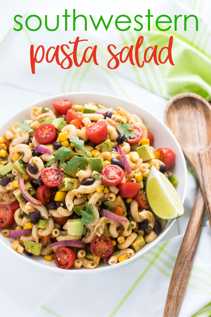 Overhead view of pasta salad in a white bowl.  Overlay text at top of image.