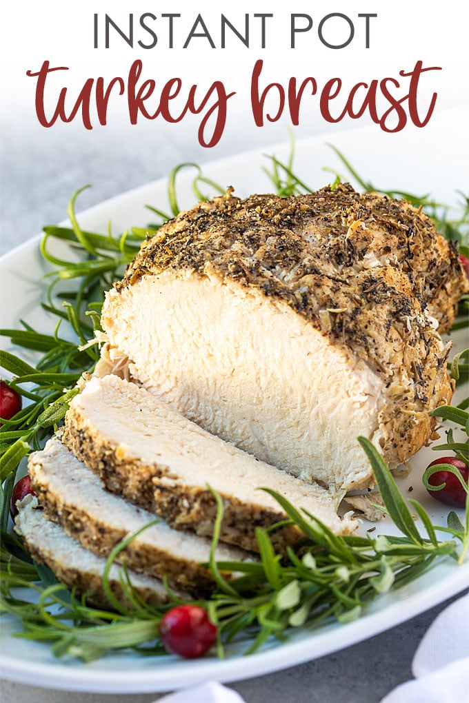 A sliced turkey breast on a white platter.  Overlay text at top of image.