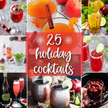 A collage of eight holiday cocktails with overlay text in the center.