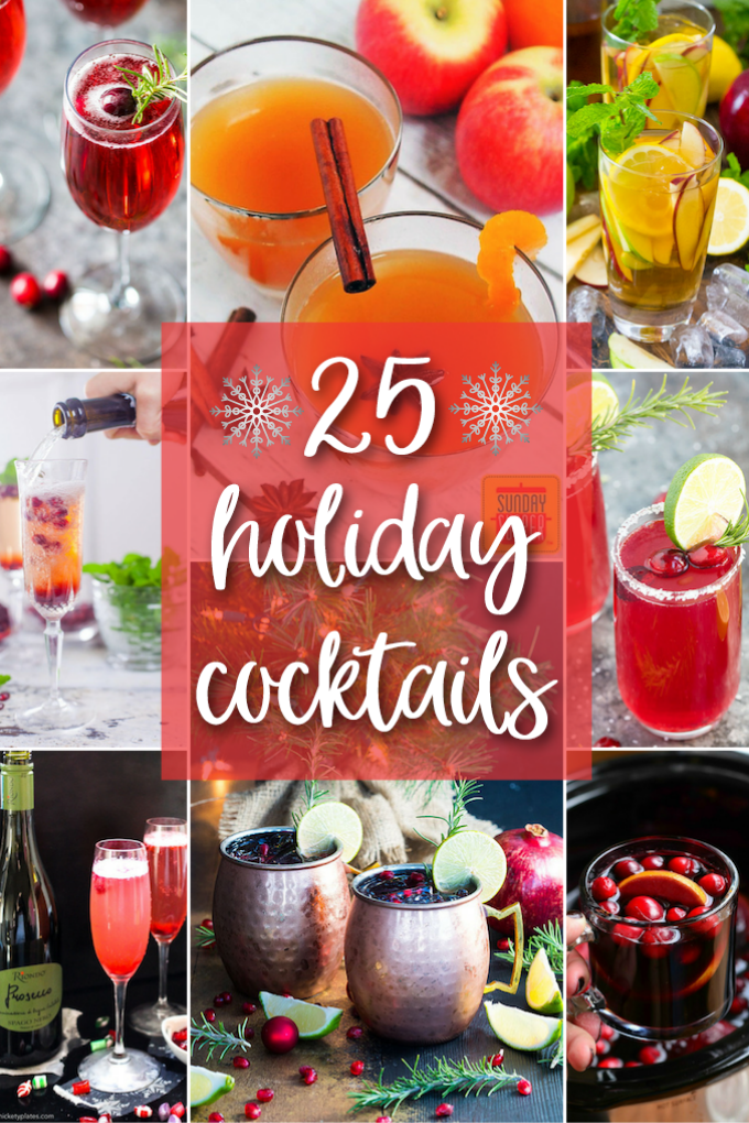 A collage of eight holiday cocktails with overlay text in the center.