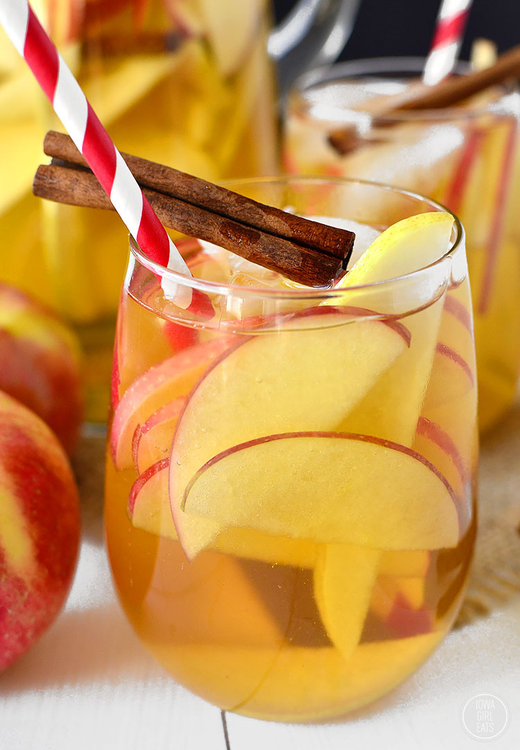 A closeup of a cider cocktail in a glass with sliced apples, a cinnamon stick and a straw.