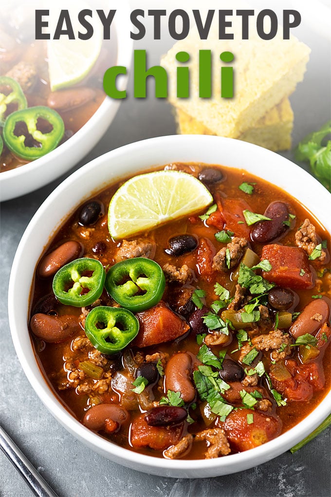 Overhead closeup of a white bowl of chili with overlay text.
