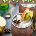 Two Cider Mules in copper mugs. Text at top reads, "Apple Cider Moscow Mules".