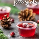A jello shot topped with two sugared cranberries.  Pine cones are in the background.