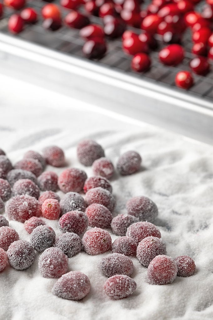 Cranberries that have been rolled in sugar on a baking sheet with sugar
