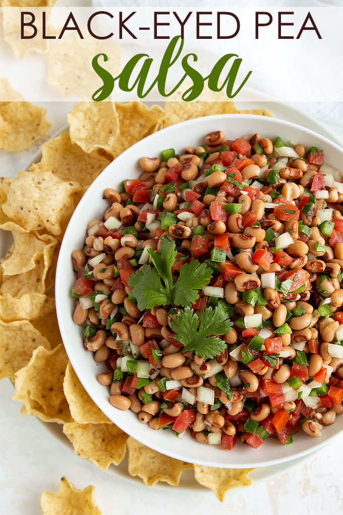 Black-Eyed Pea Salsa in a white bowl beside tortilla chips. Overlay text at top of image.