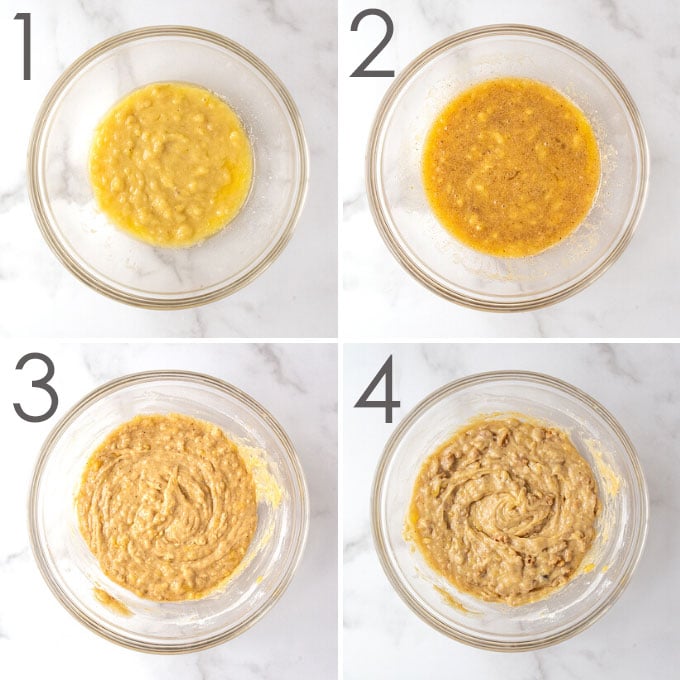 Showing steps of mixing banana bread batter in a glass mixing bowl.