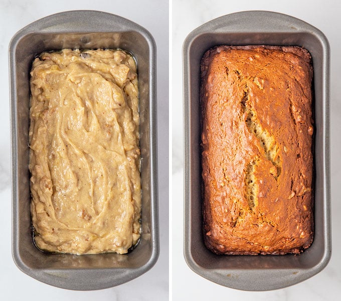Banana bread batter in a loaf pan before and after baking.
