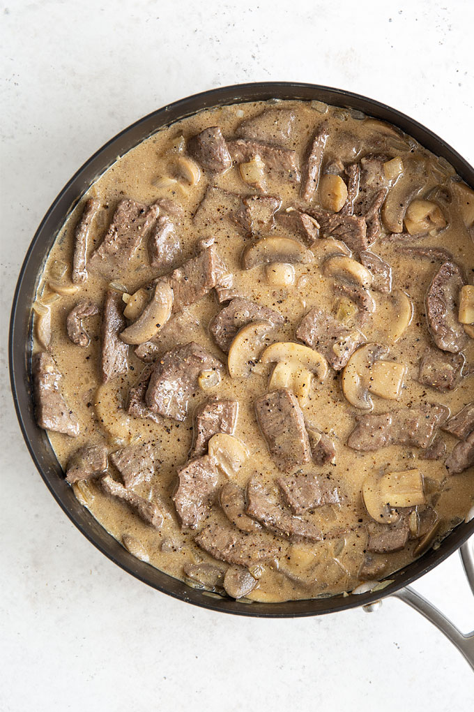 Overhead shot of beef stroganoff with mushrooms in a skillet