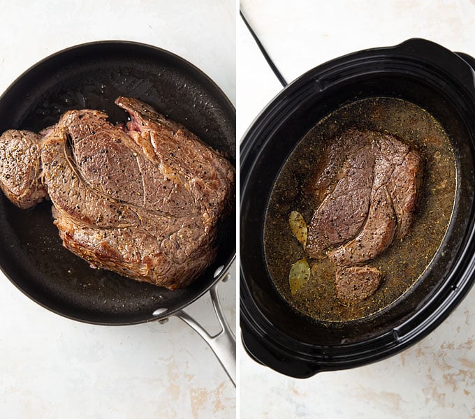 Two step-by-step photos showing how to make French dip in the slow cooker.