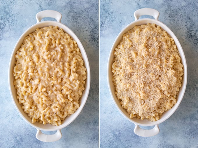 Two images - First is mac and cheese in a white baking dish. Second is topped with bread crumbs.
