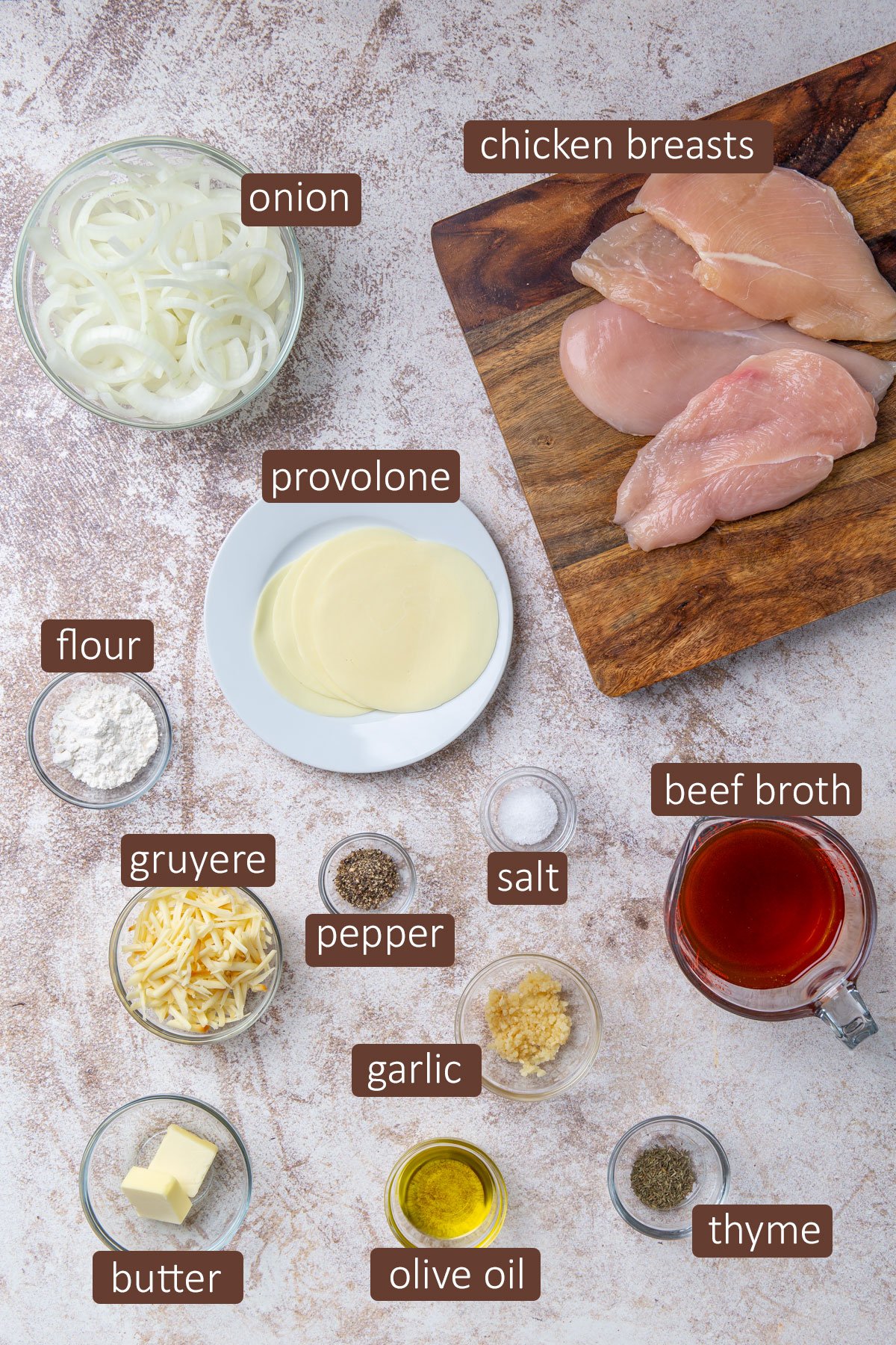 Overhead view of ingredients for French onion chicken.
