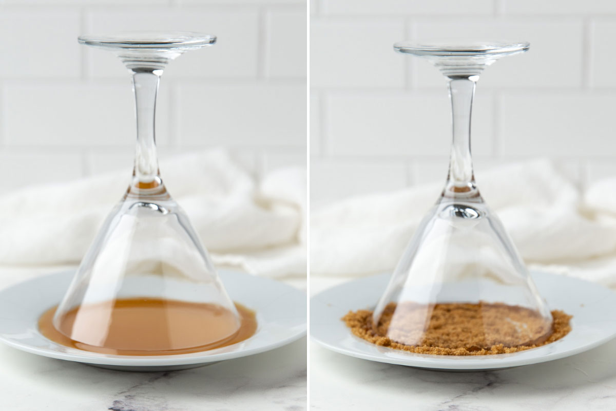 A two-image collage showing how to rim a glass with syrup and brown sugar.