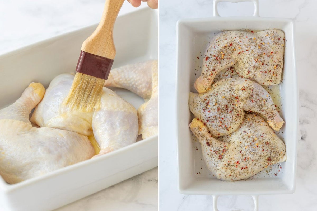 Two images of preparing chicken to go into the oven.