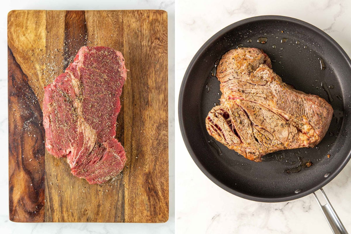 Two images showing steps of seasoning and browning a beef roast.