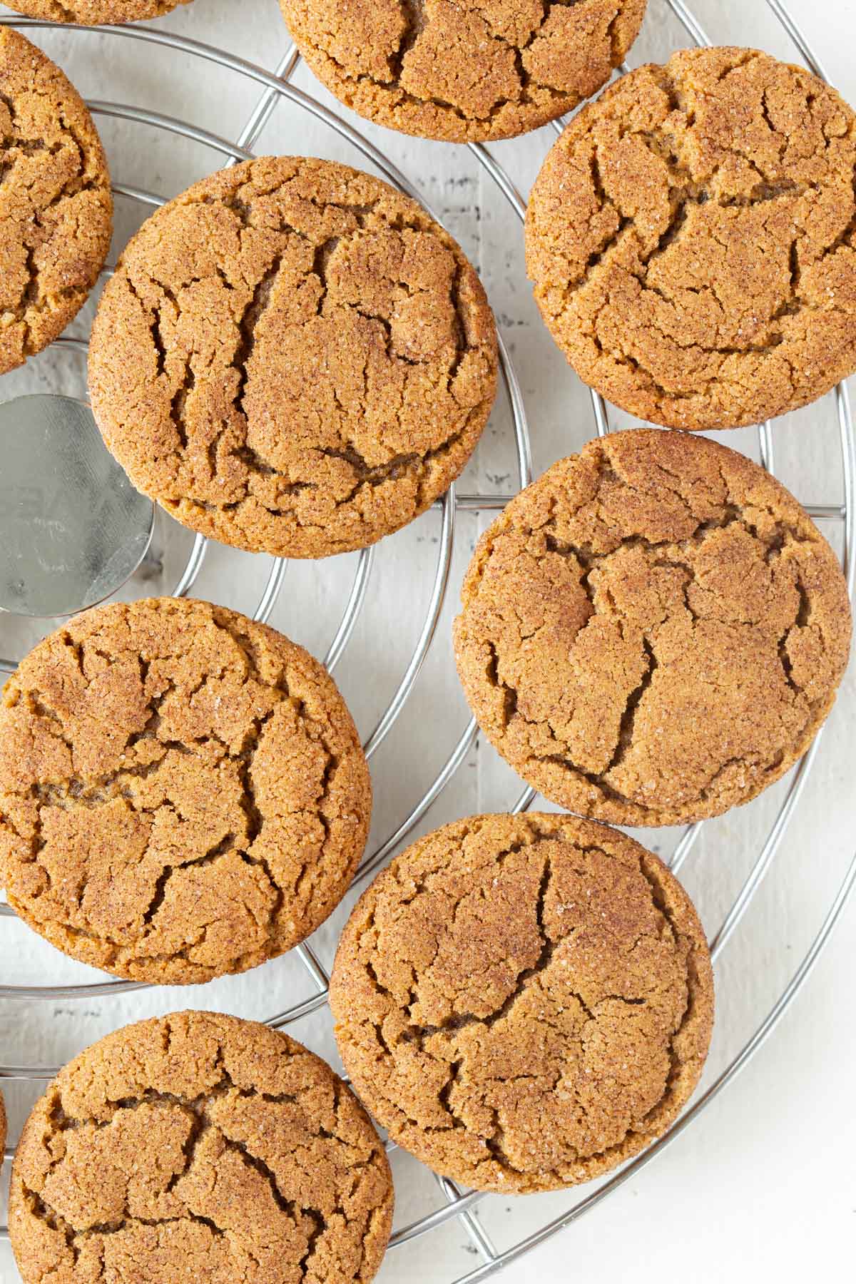 Overhead closeup view of gingersnap cookies on a cooling rack.