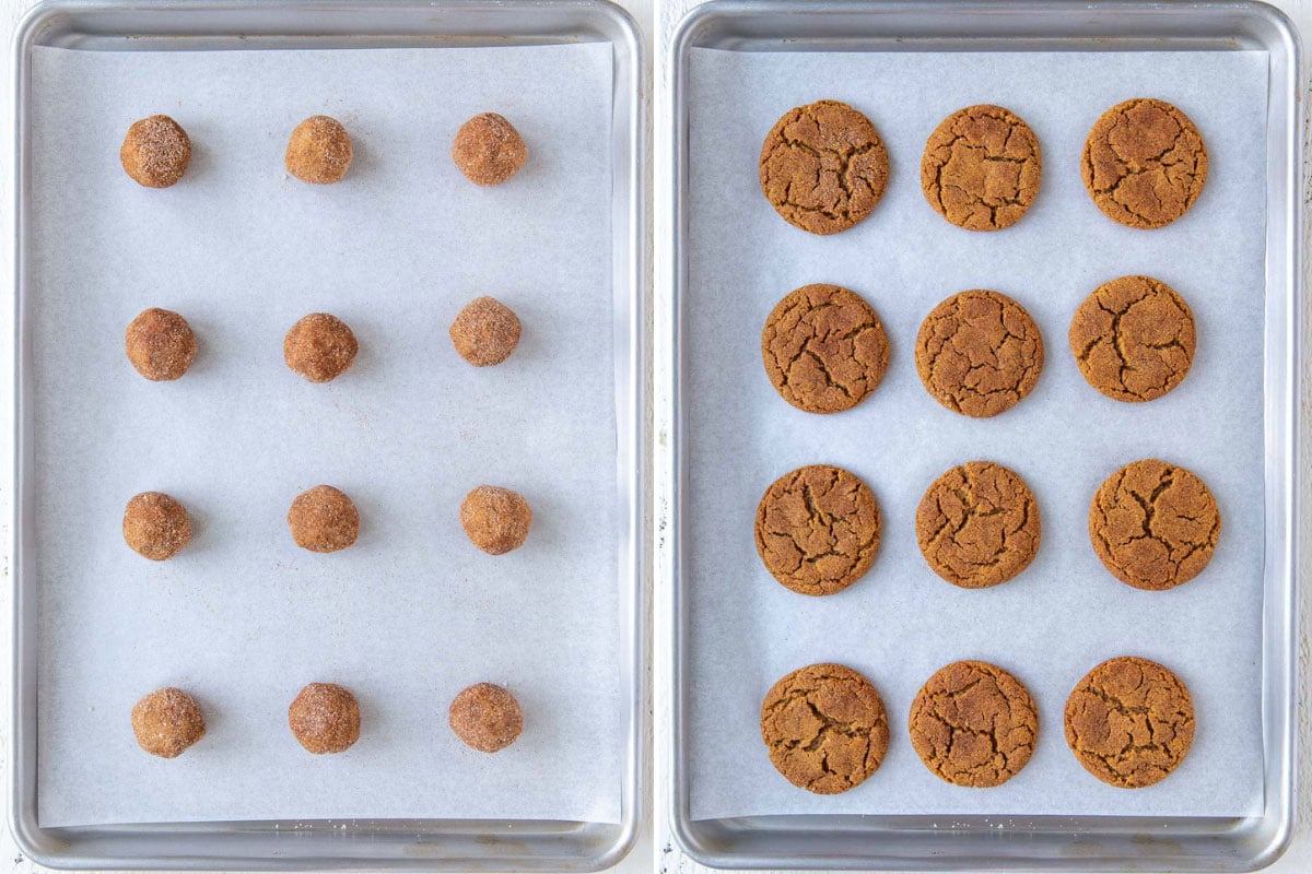 A two-image collage of unbaked and baked gingersnap cookies on a baking sheet.