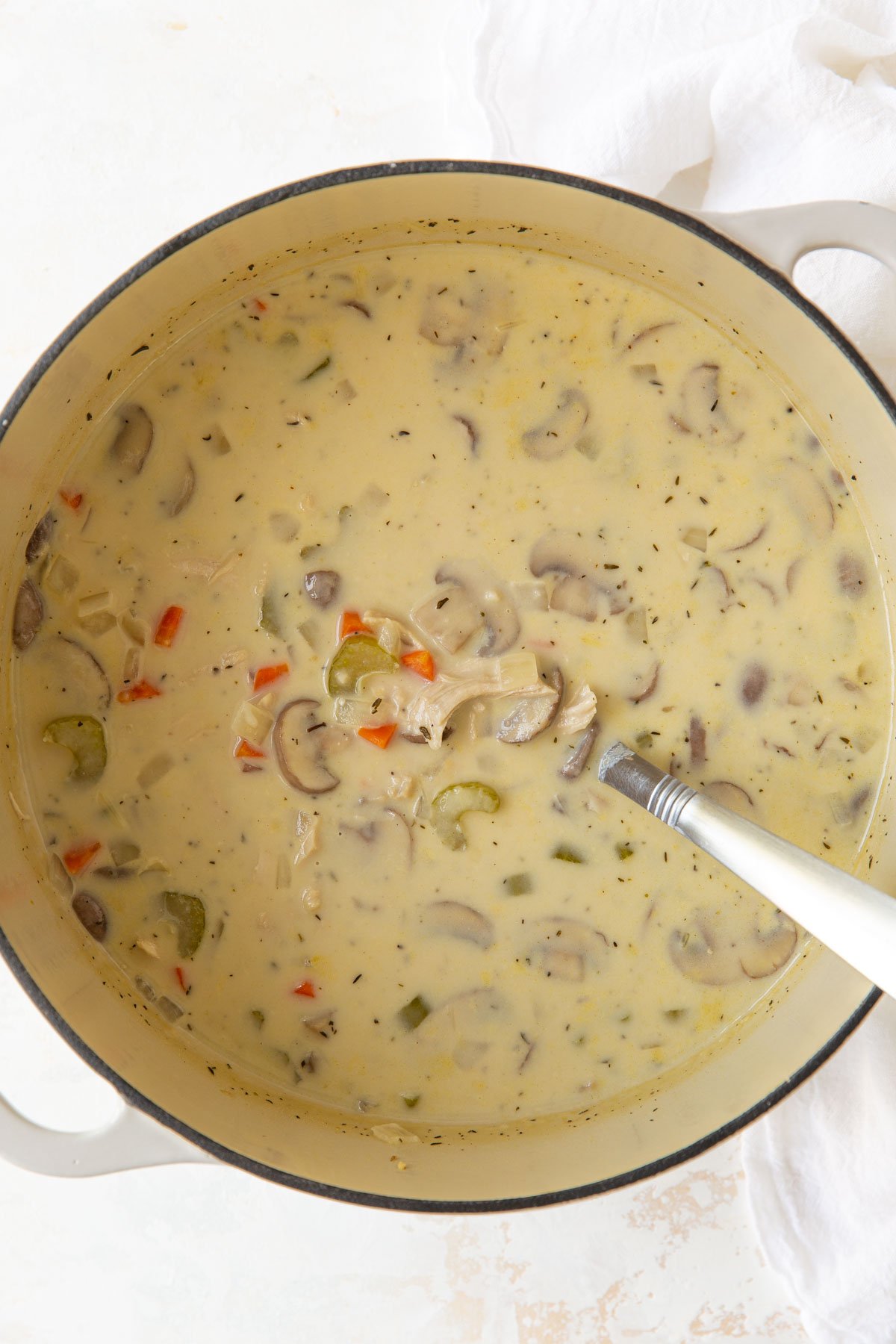 Overhead view of soup in a Dutch oven with a stainless ladle.