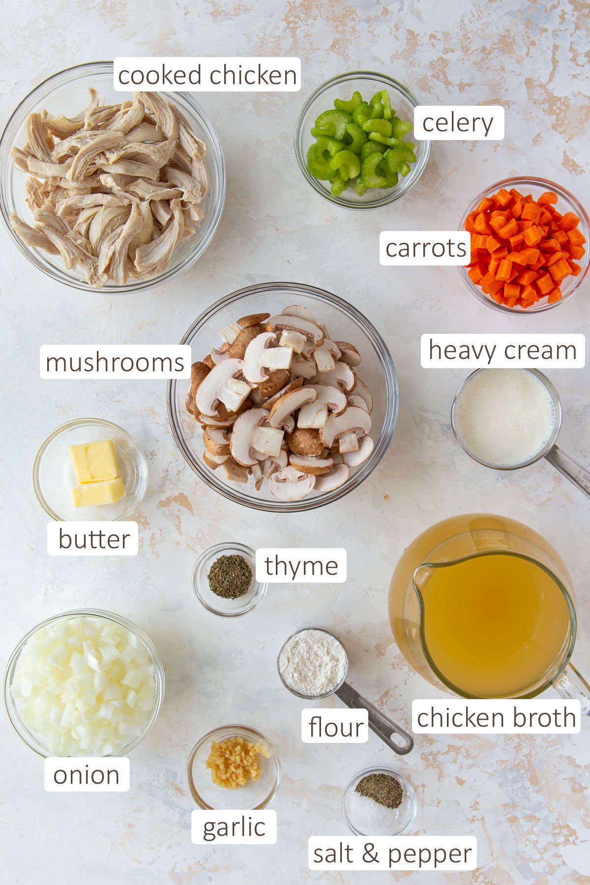 An overhead view of ingredients for preparing chicken soup.