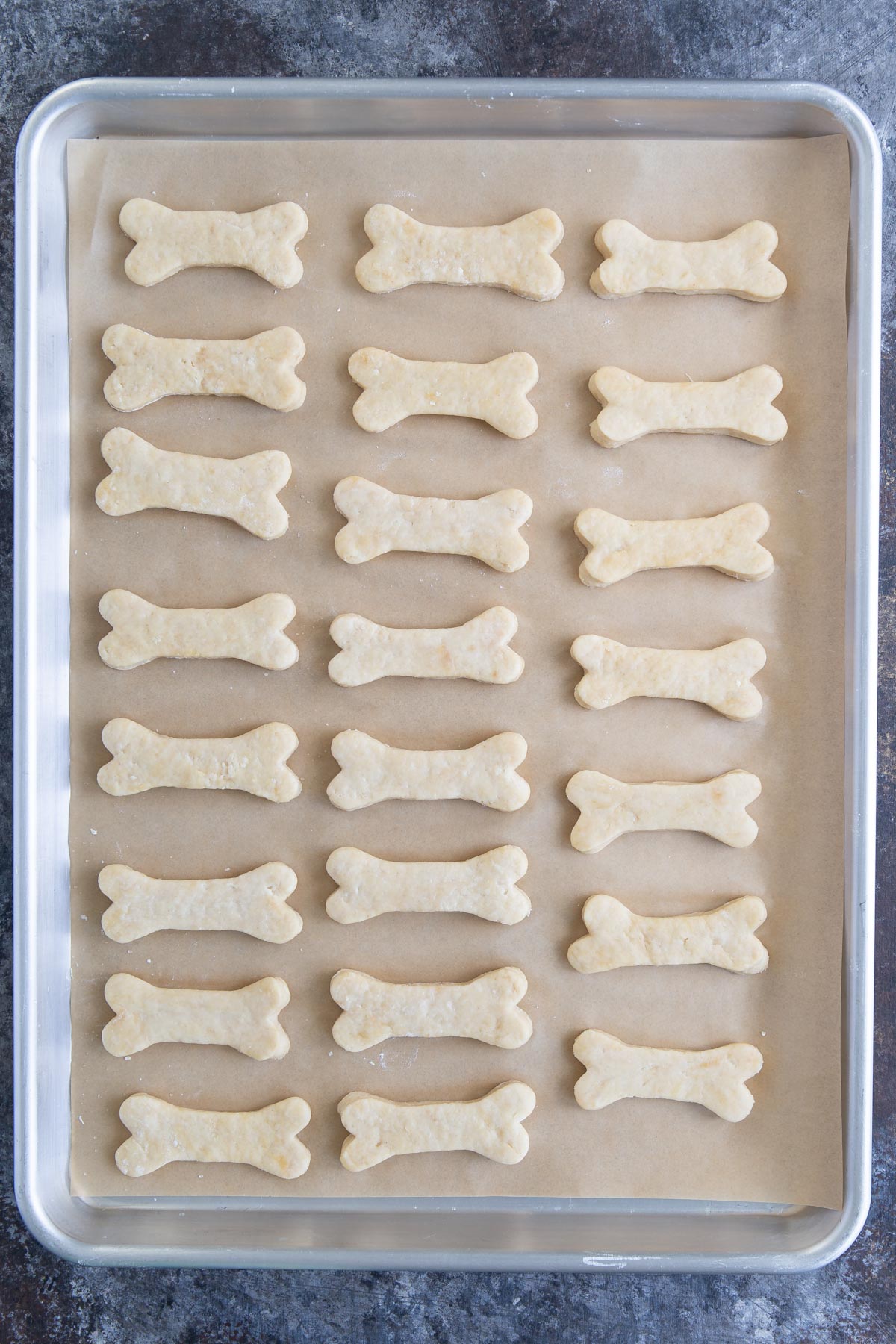 Overhead view of baked dog biscuits on a baking sheet lined with parchment paper.
