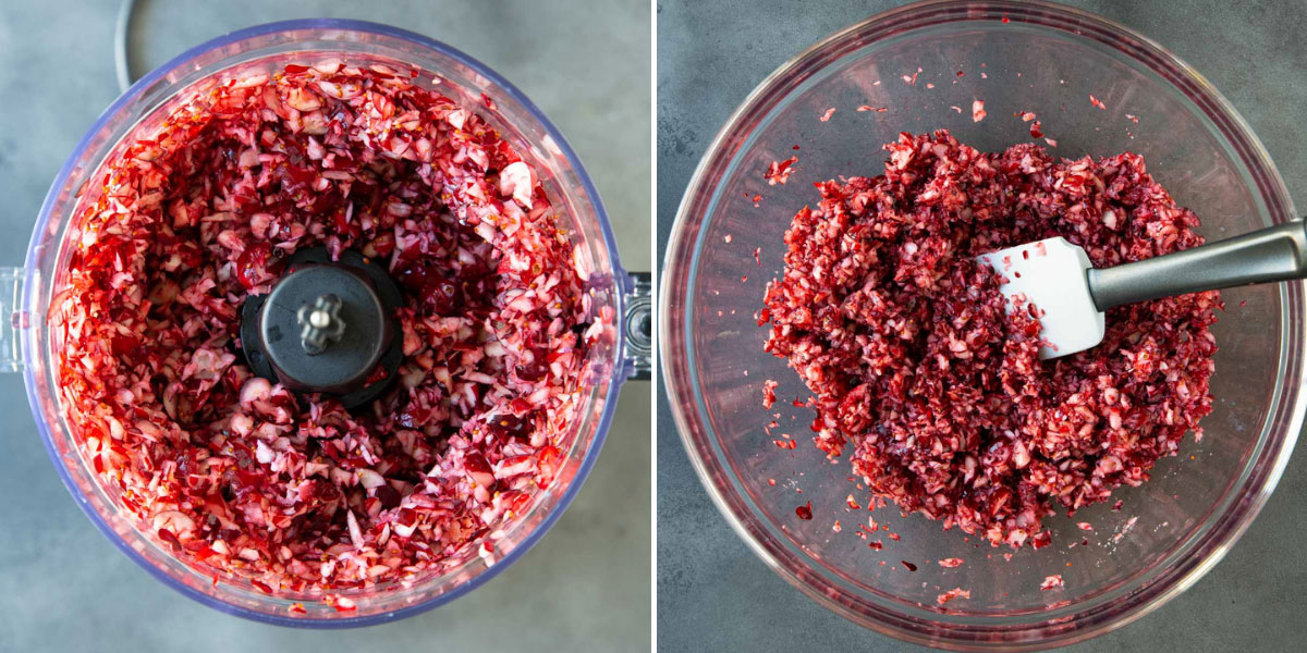 A two-image collage showing steps of preparing cranberries for a fluff salad.
