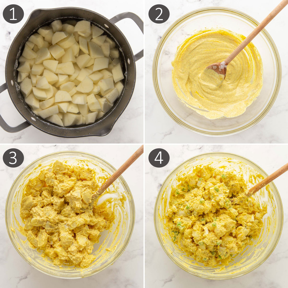 A four-image collage showing steps of making potato salad.