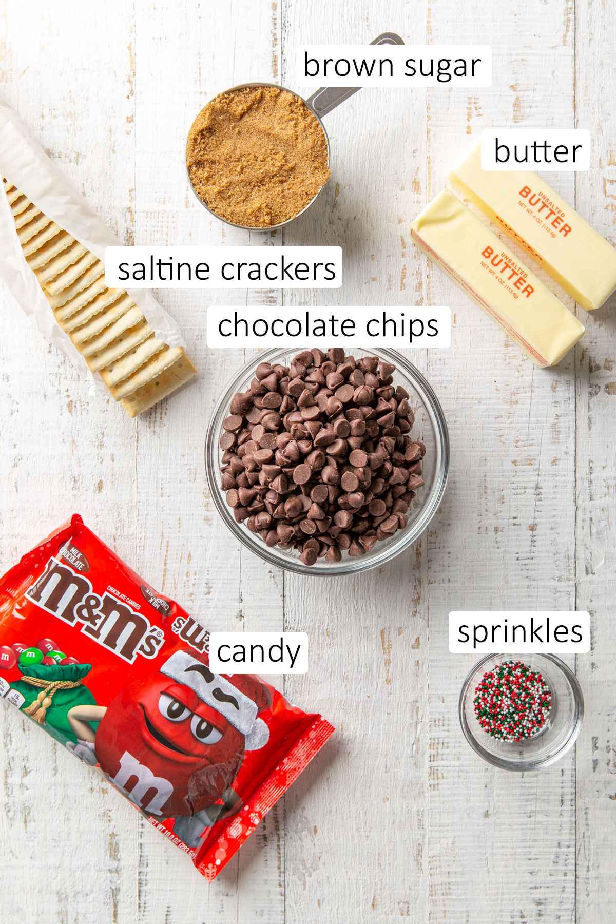 Overhead view of ingredients needed for Christmas crack toffee candy.