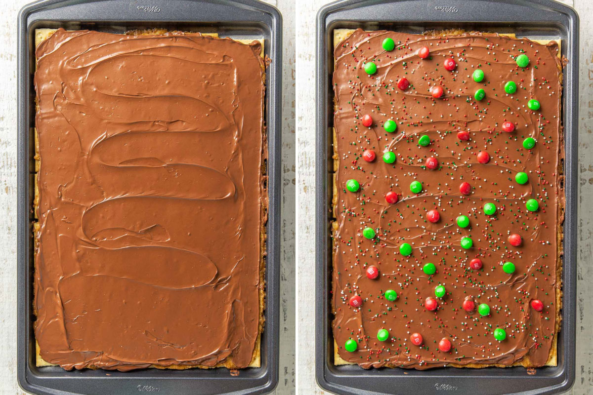 Two images showing steps making Christmas crack.
