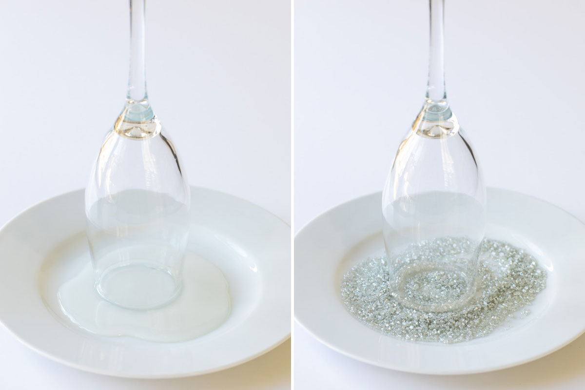 A two-image collage showing steps of rimming champagne flutes using corn syrup and sugar.