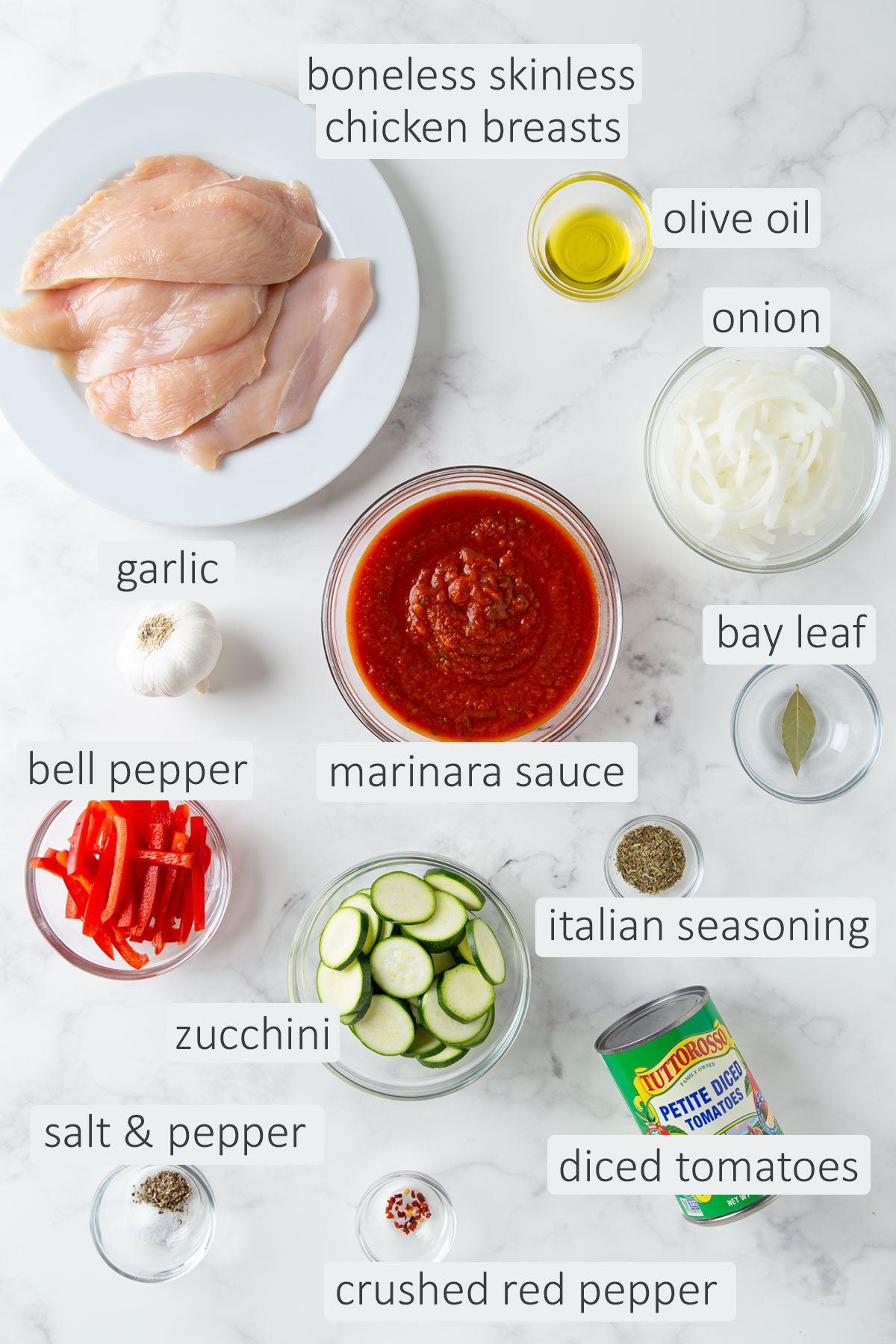 Overhead view of ingredients needed to make skillet Italian chicken.