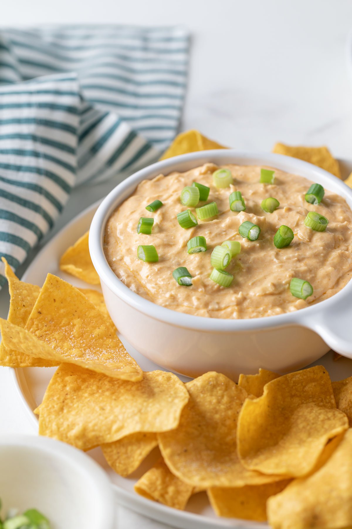 Front closeup view of a bowl of chicken enchilada dip surrounded by tortilla chips.