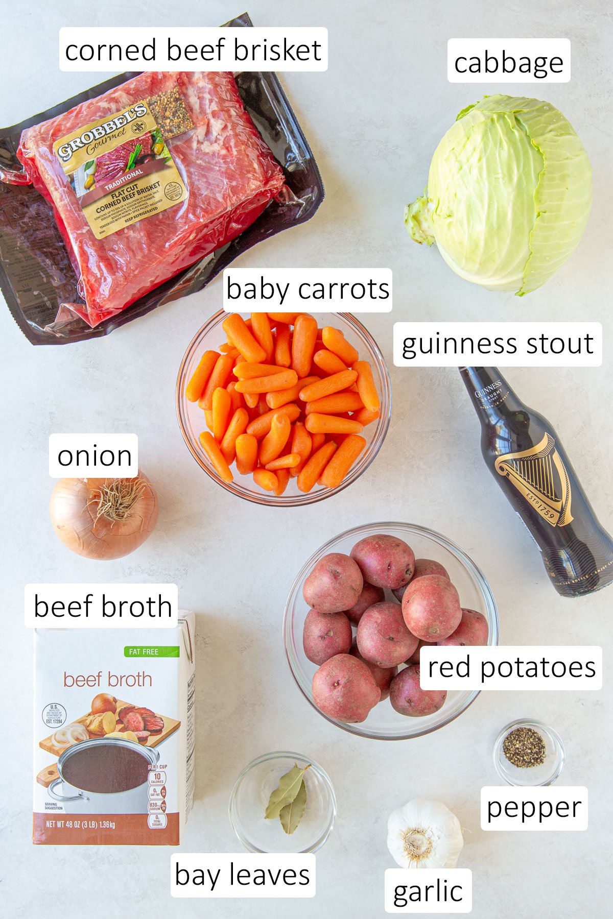 Overhead view of ingredients needed for Instant Pot corned beef and cabbage.