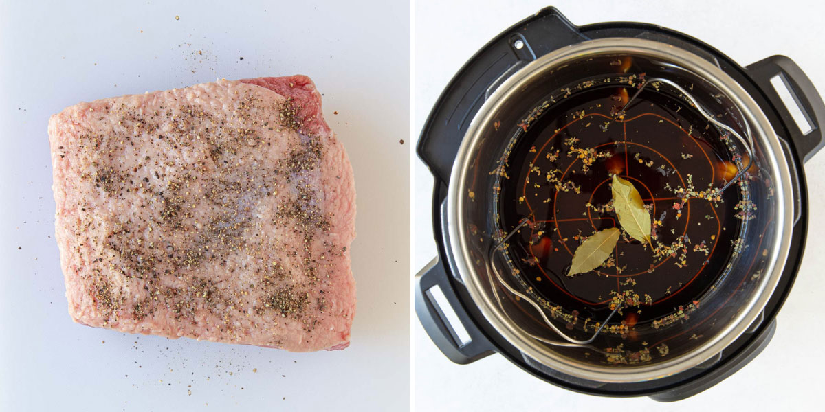 A beef brisket seasoned with pepper and an Instant pot with broth, herbs and beer.