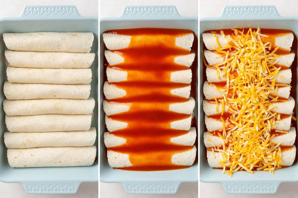 Rolled tortillas in a baking dish showing steps of preparing beef enchiladas.