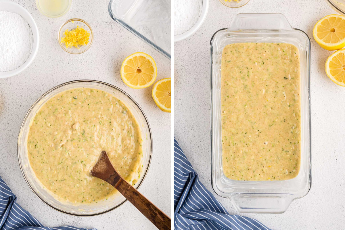 Showing steps of preparing batter for zucchini and lemon bread.