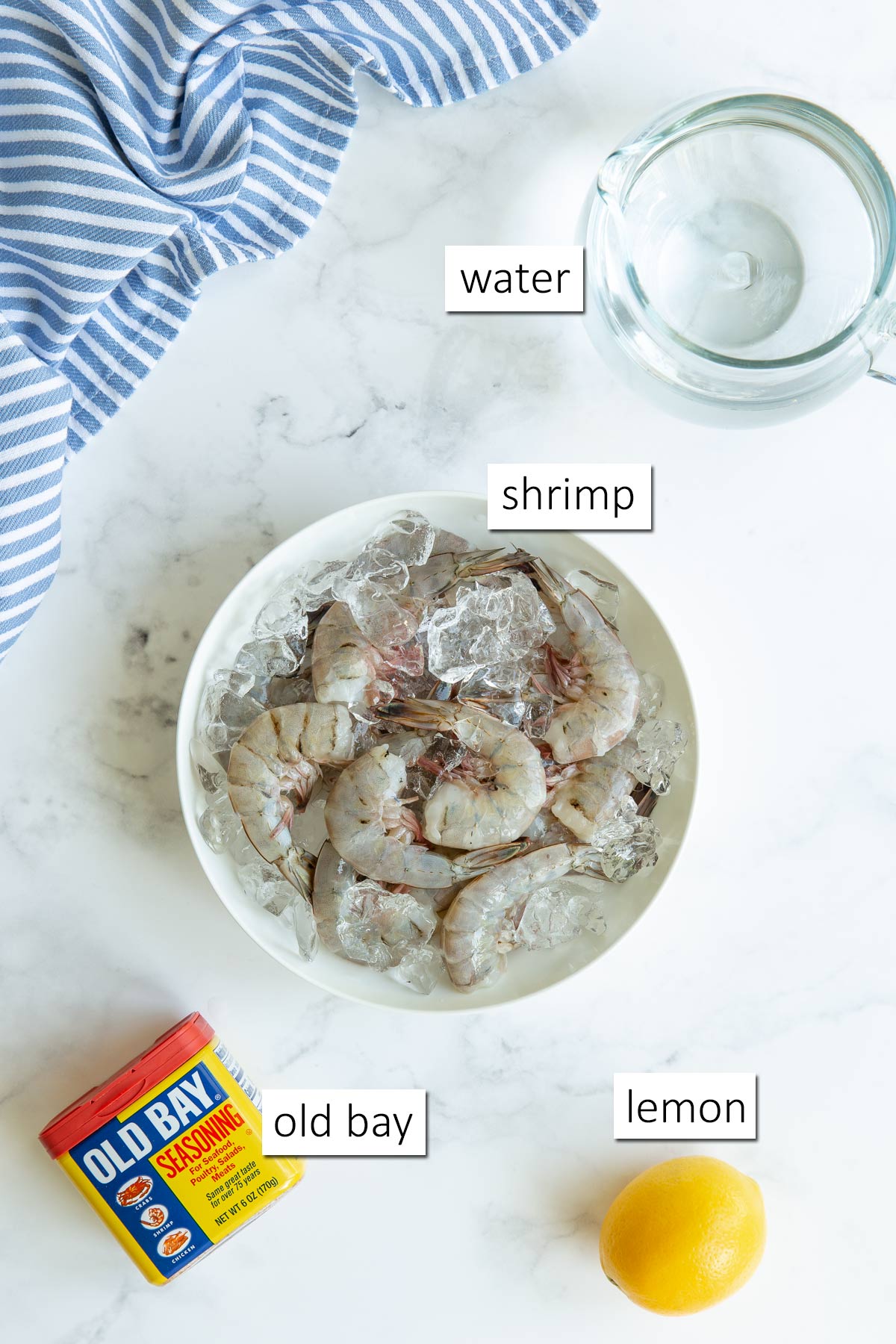 Overhead view of ingredients needed to make Old Bay steamed shrimp.