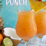 Two garnished glasses of punch with overlay text that says "rum punch".